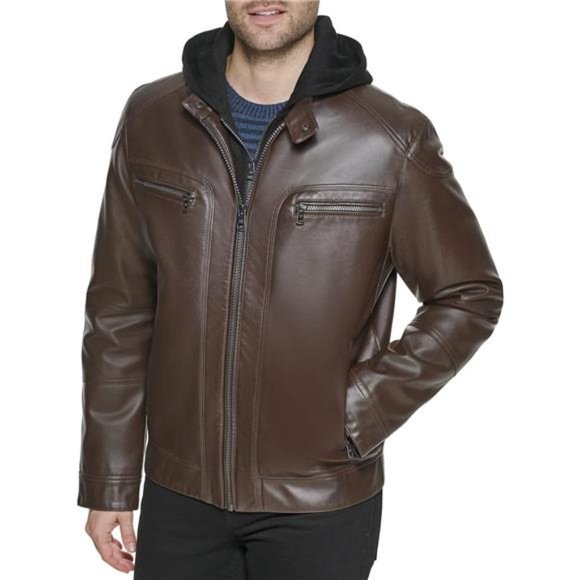 Calvin Klein Men's Faux Lamb Leather Moto Jacket with Removable Hood and Bib - Picture 1 of 6